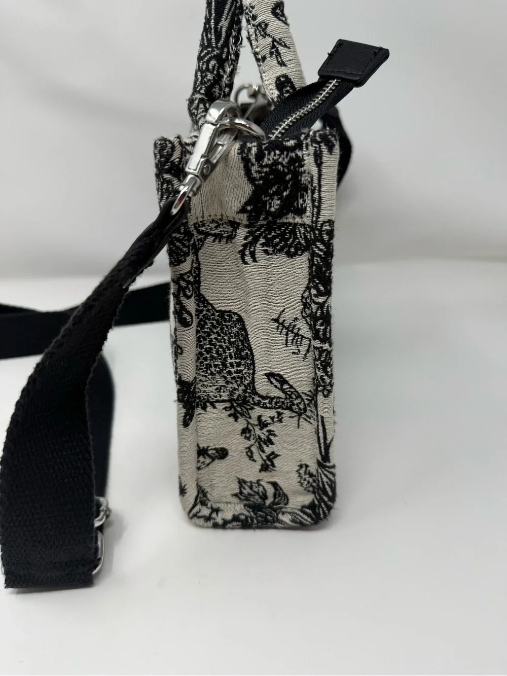 Black & Cream Printed Mini Tote Crossbody Bag with Detachable Strap